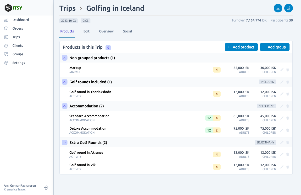 Screenshot of the trips page